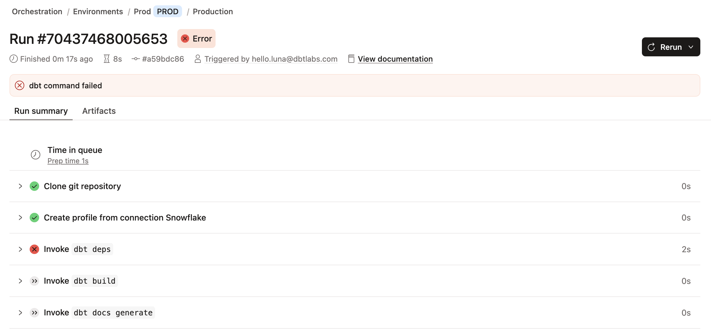 A failed job that had an error during the dbt deps run step.